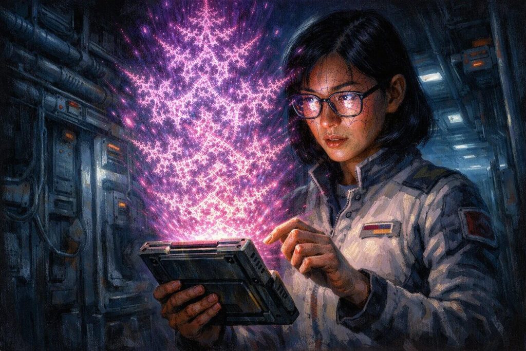A lone female scientist standing perfectly still in the shadowy, claustrophobic corridor of a retro-futuristic research vessel. She is staring intently at a heavy, metallic, vintage-style datapad held in her hands. Her posture is stiff, indicating an internal struggle—one thumb hovers rigidly over the screen, unable to swipe away. Her facial expression is a chilling mixture of pure terror and absolute, unbreakable compulsion.