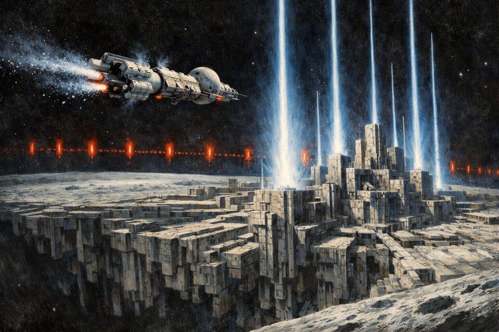 A human spaceship is desperately thrusting backward to cross back over a visible "boundary line" of ancient, floating monolith beacons that glow with a deep warning hue. Rising from the lunar megastructure below are needle-thin, perfectly straight beams of cold, blinding energy—the surgical enforcement fire of the automated "wardens," processing the human ship with the clinical detachment of pest control.